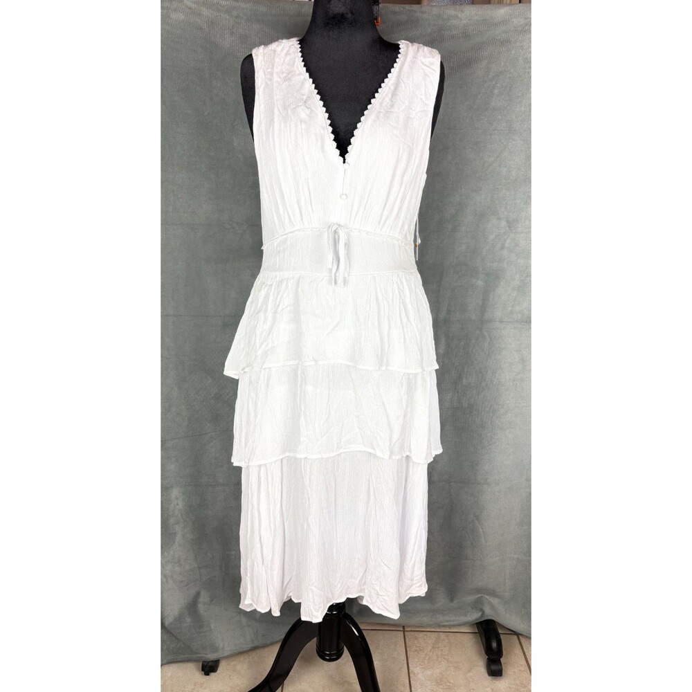 Jessica Simpson Genna V-Neck Midi Dress Size L White Tiered Hi-Low Boho Resort
